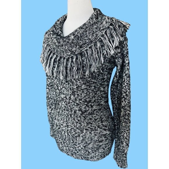 JONES NEW YORK SPORT LADIES LS  BLACK WHITE HERRINGBONE TASSELED SWEATER EUC S - Picture 8 of 9